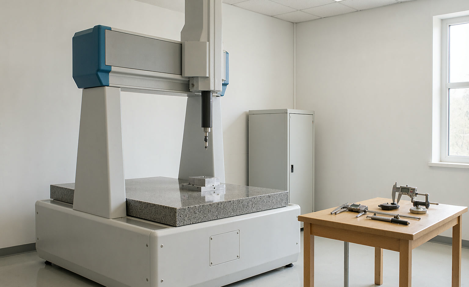 Coordinate measuring machine probe above a part on a granite plate