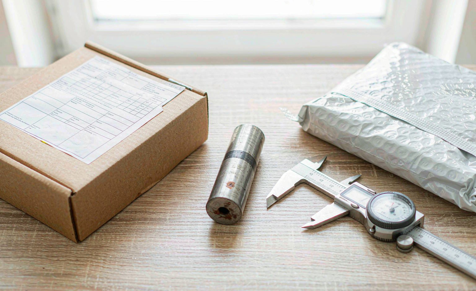 A worn sample part beside a parcel and digital caliper