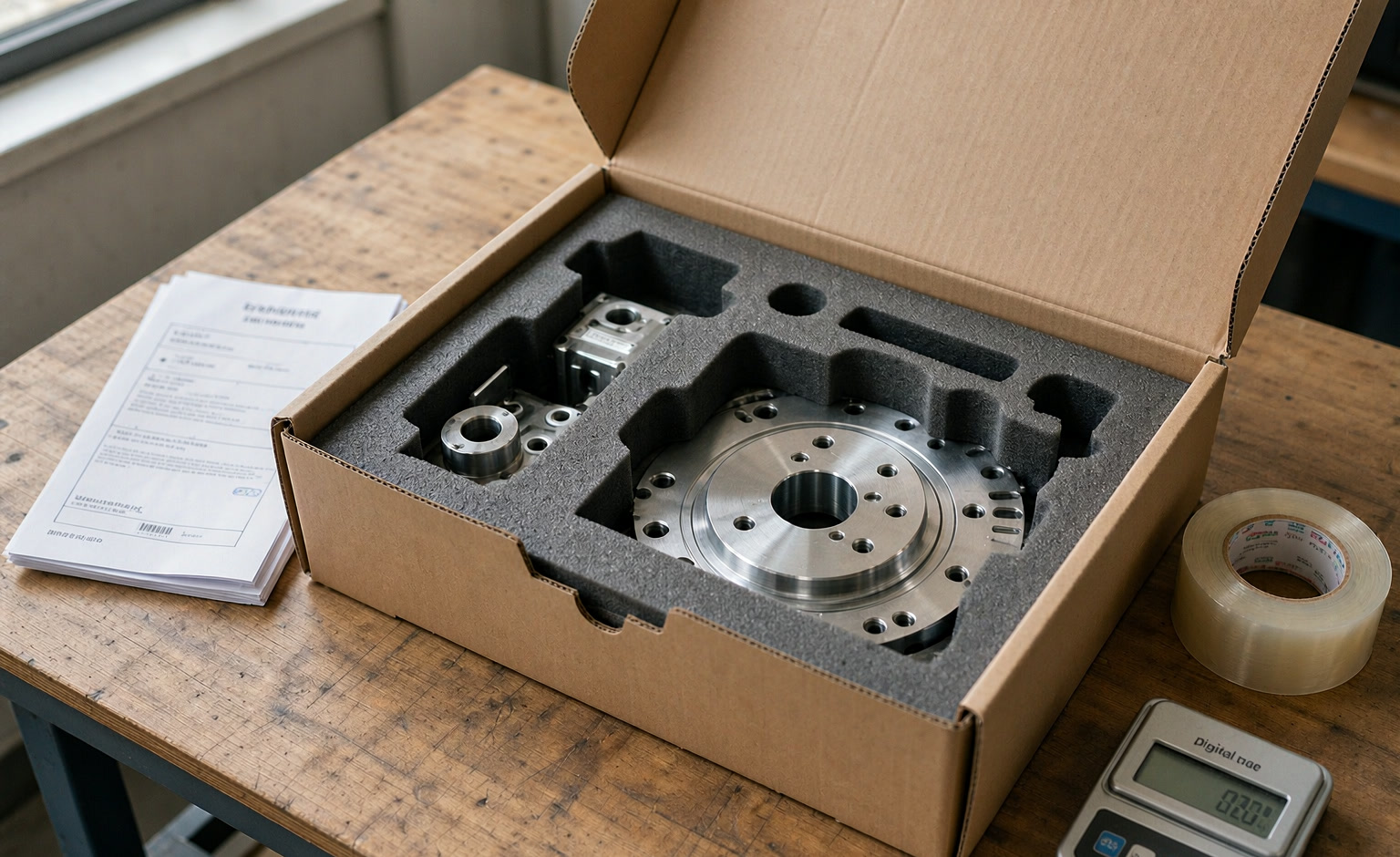 Foam-packed parts in a carton with packing list